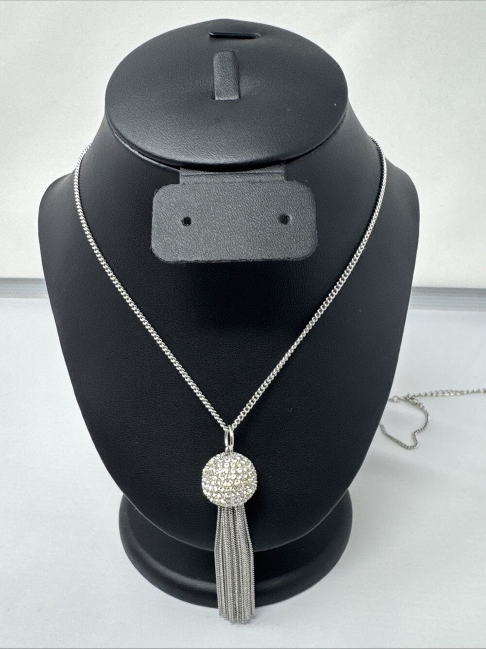 Silver Plated Necklace w/Silver Rhinestone Studded Ball Tassel Pendant